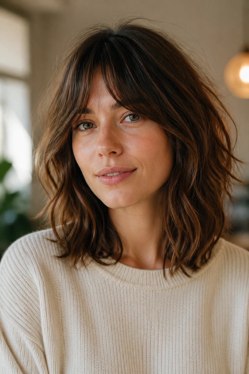Close-up portrait of a woman with a tousled midi cut and bottleneck fringe near the cheekbones in warm indoor light.