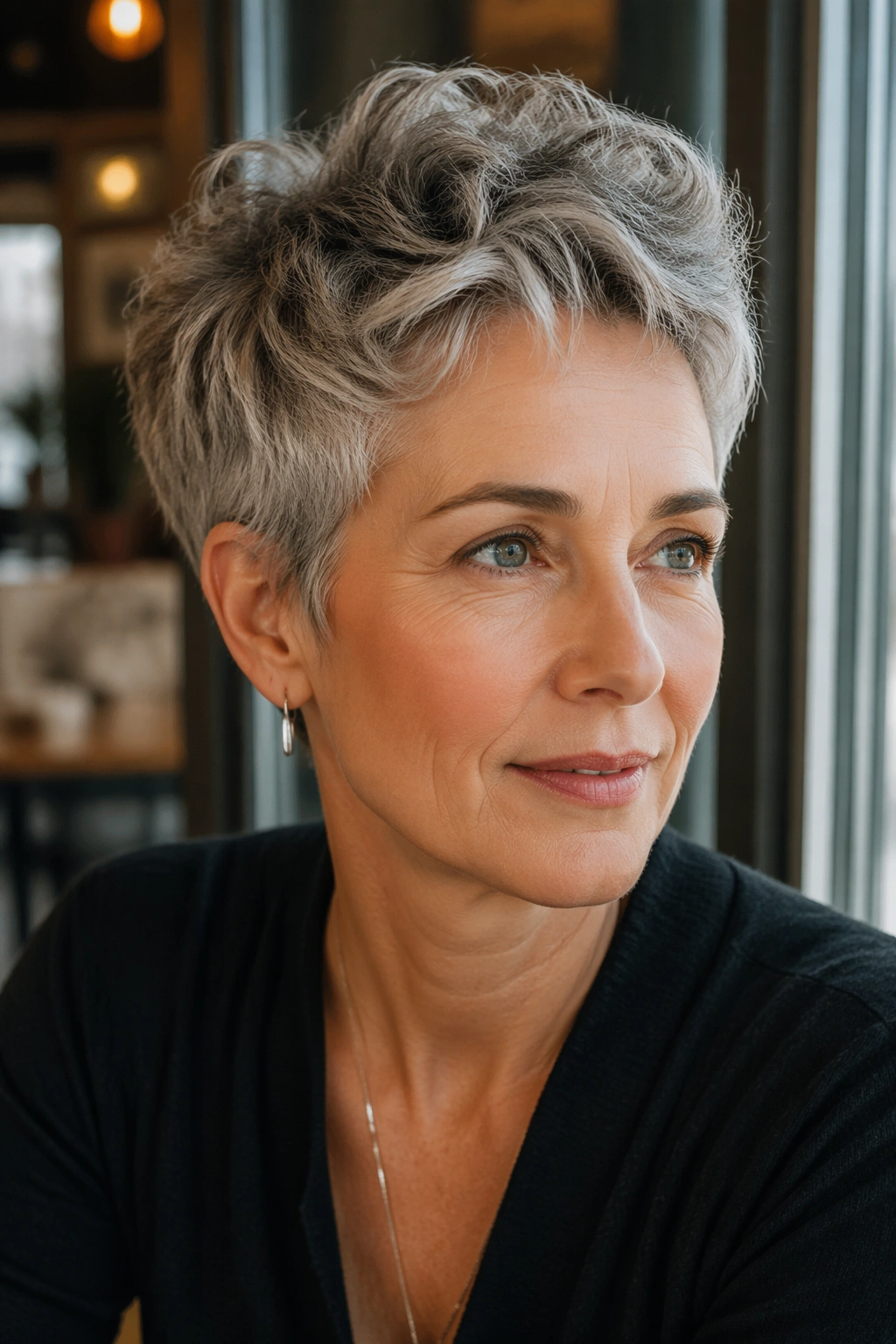 Close-up portrait of a real woman with a tousled pixie and soft crown wave in warm cafe lighting.