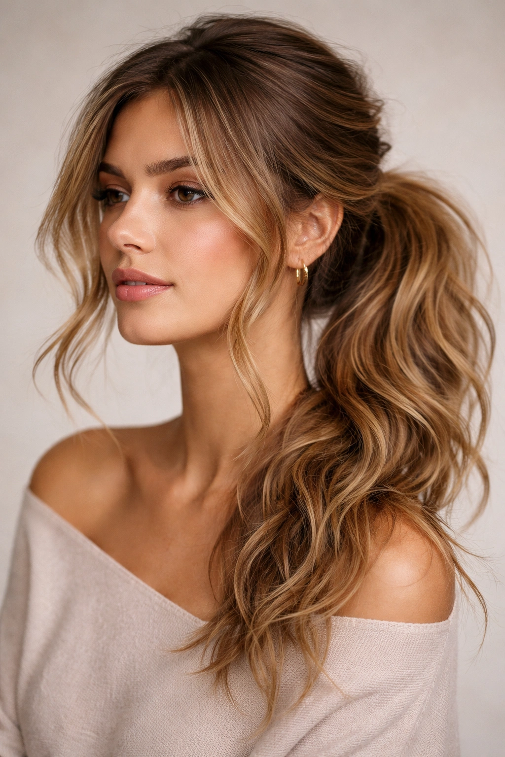 Tousled side ponytail with textured waves