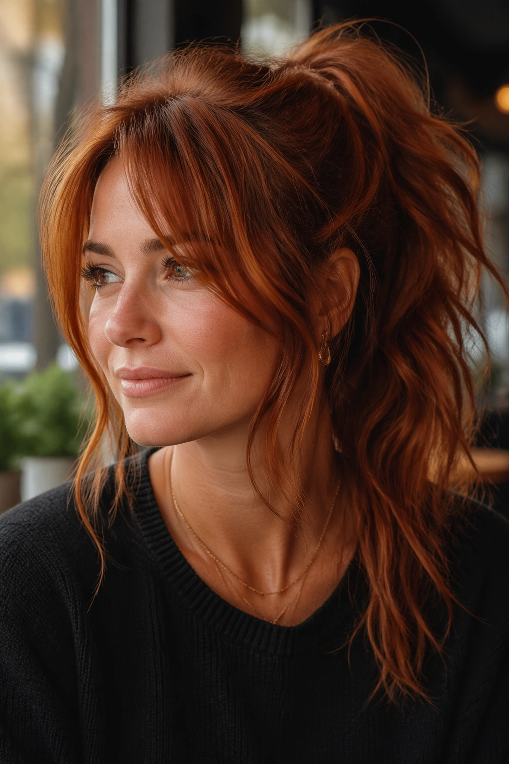 Close-up of a real woman with tousled ponytail and curtain bangs in copper auburn hair