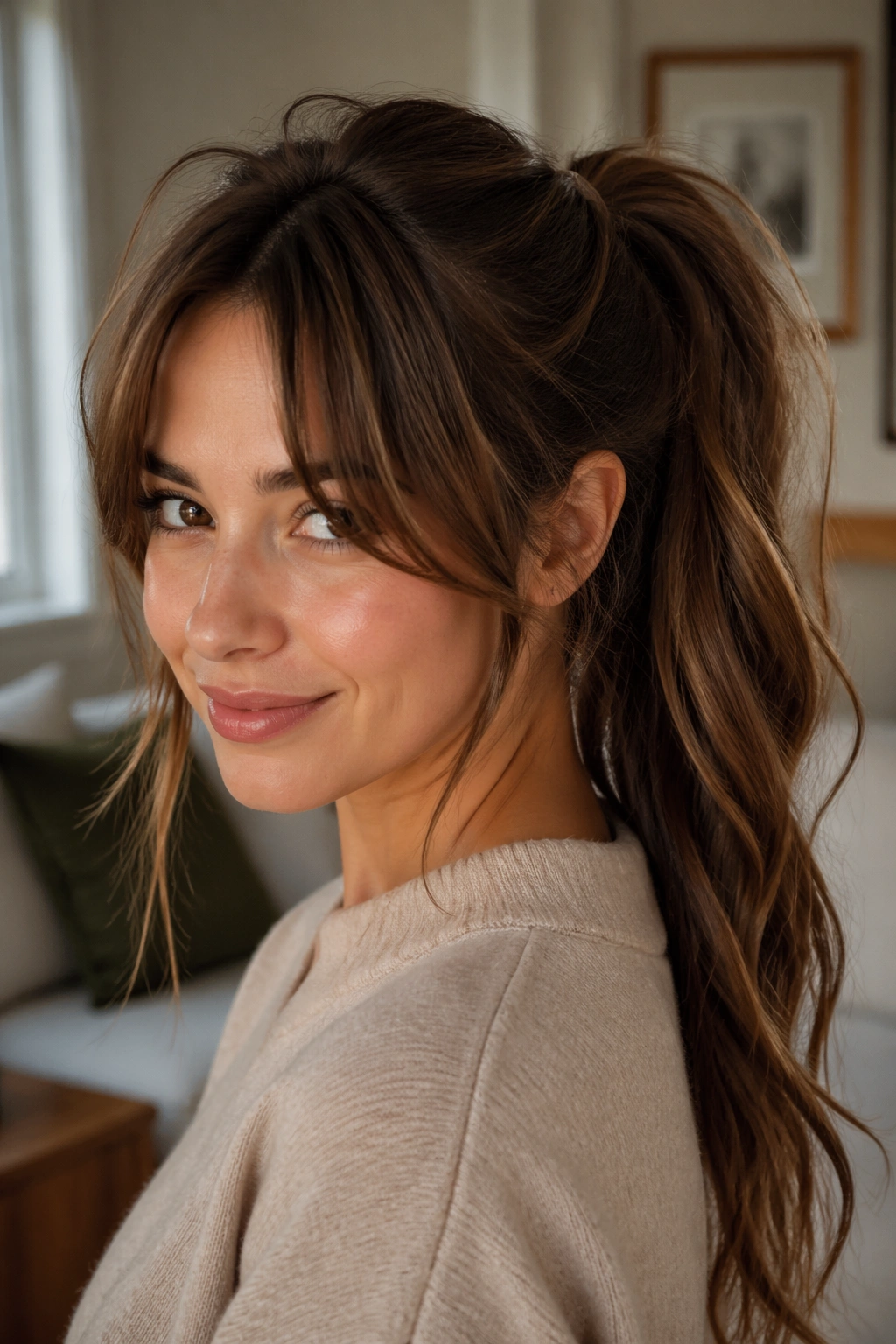 Close-up of a real woman with tousled brown ponytail and curtain bangs.