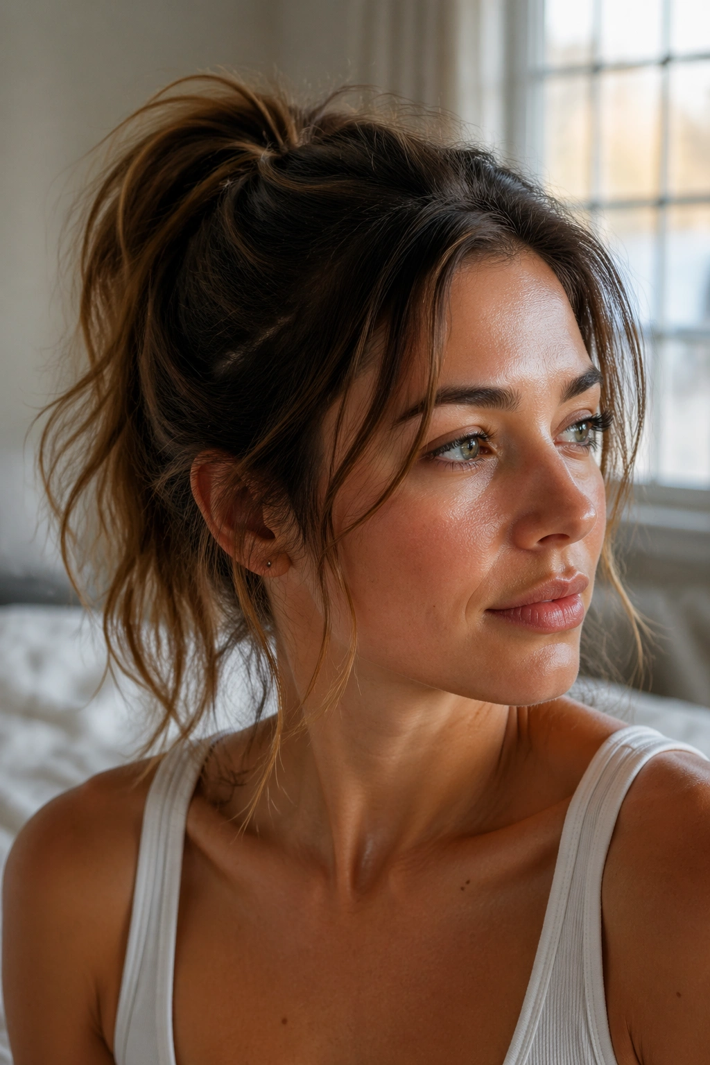 Close-up of a real woman with a tousled second-day ponytail in soft window light