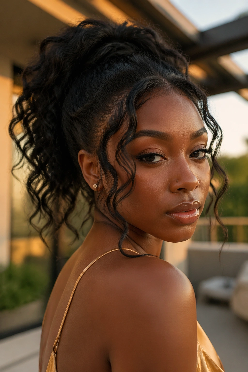 Close-up of a real Black woman with a tousled ponytail and face-framing tendrils