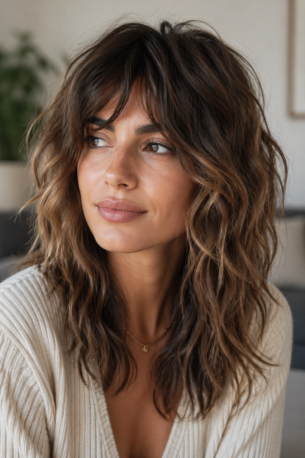 Close-up of a real woman with tousled shag waves.