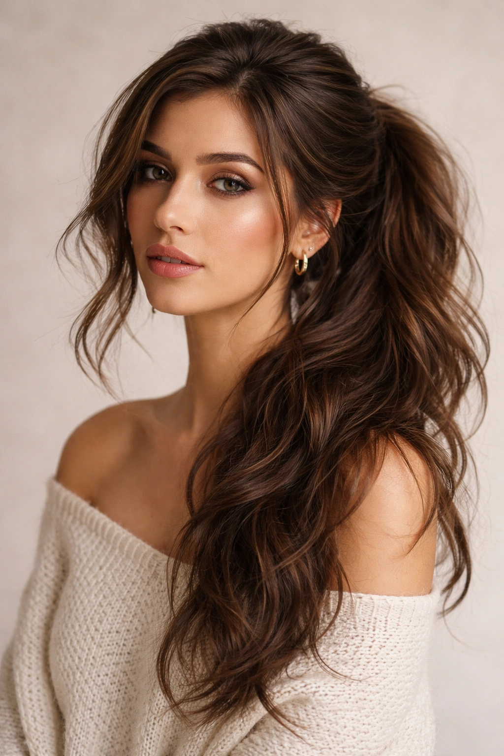 Tousled thick-side ponytail with airy volume