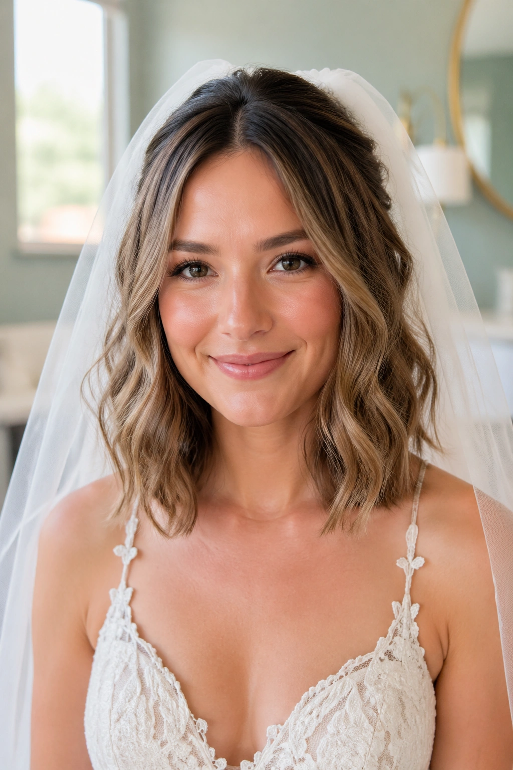 Bride with tousled waves and veil on a lob, close-up portrait.