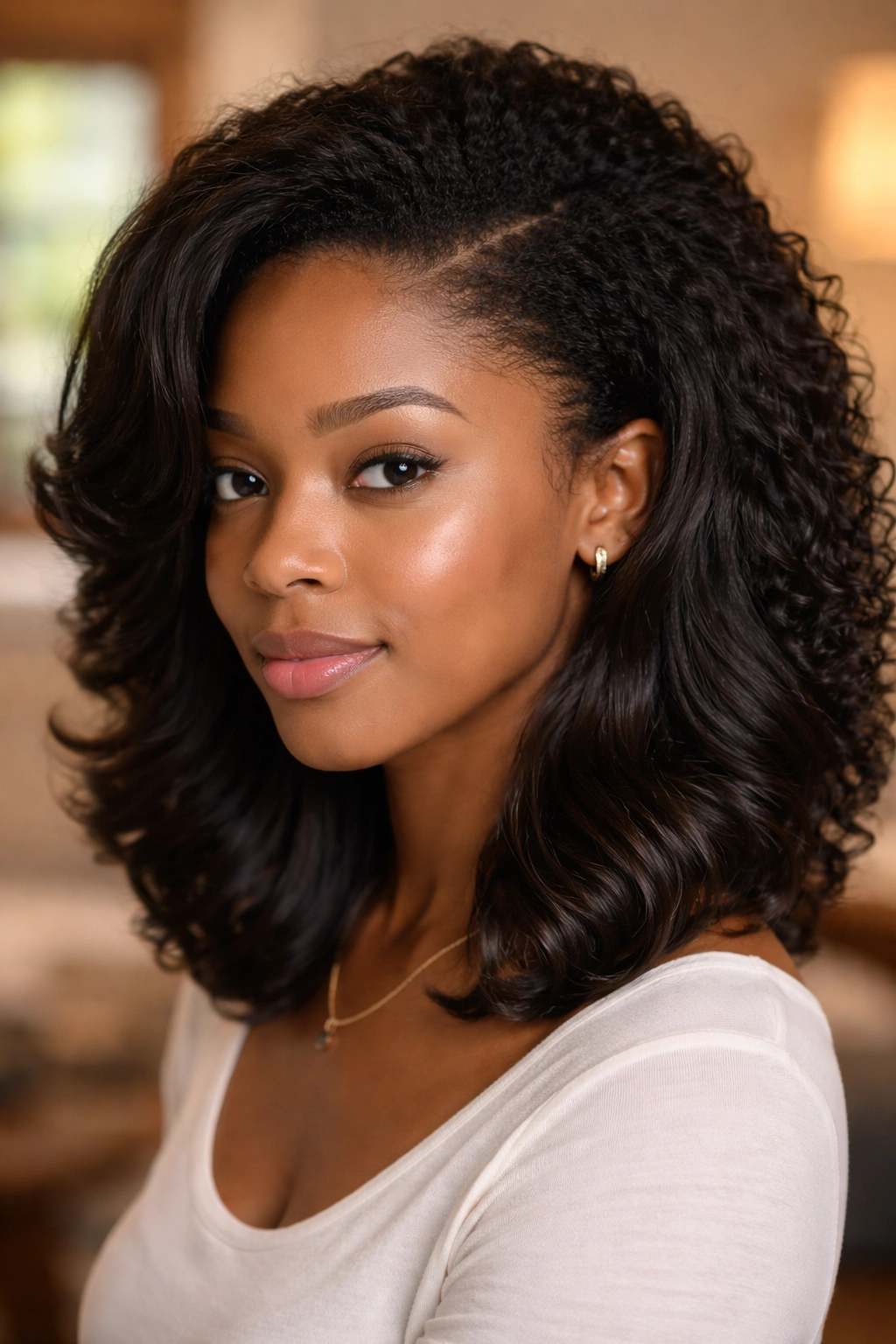 Close-up portrait of a real woman showing natural curl at roots transitioning from silk-pressed ends.