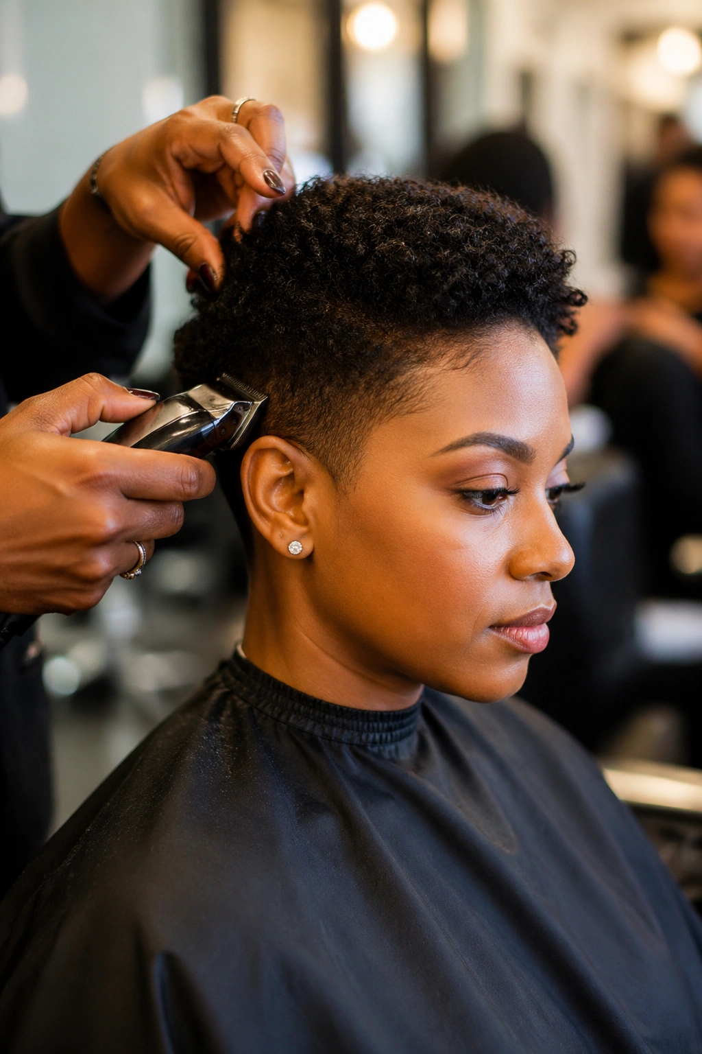 Real person in salon chair during haircut transitioning to a shorter natural cut