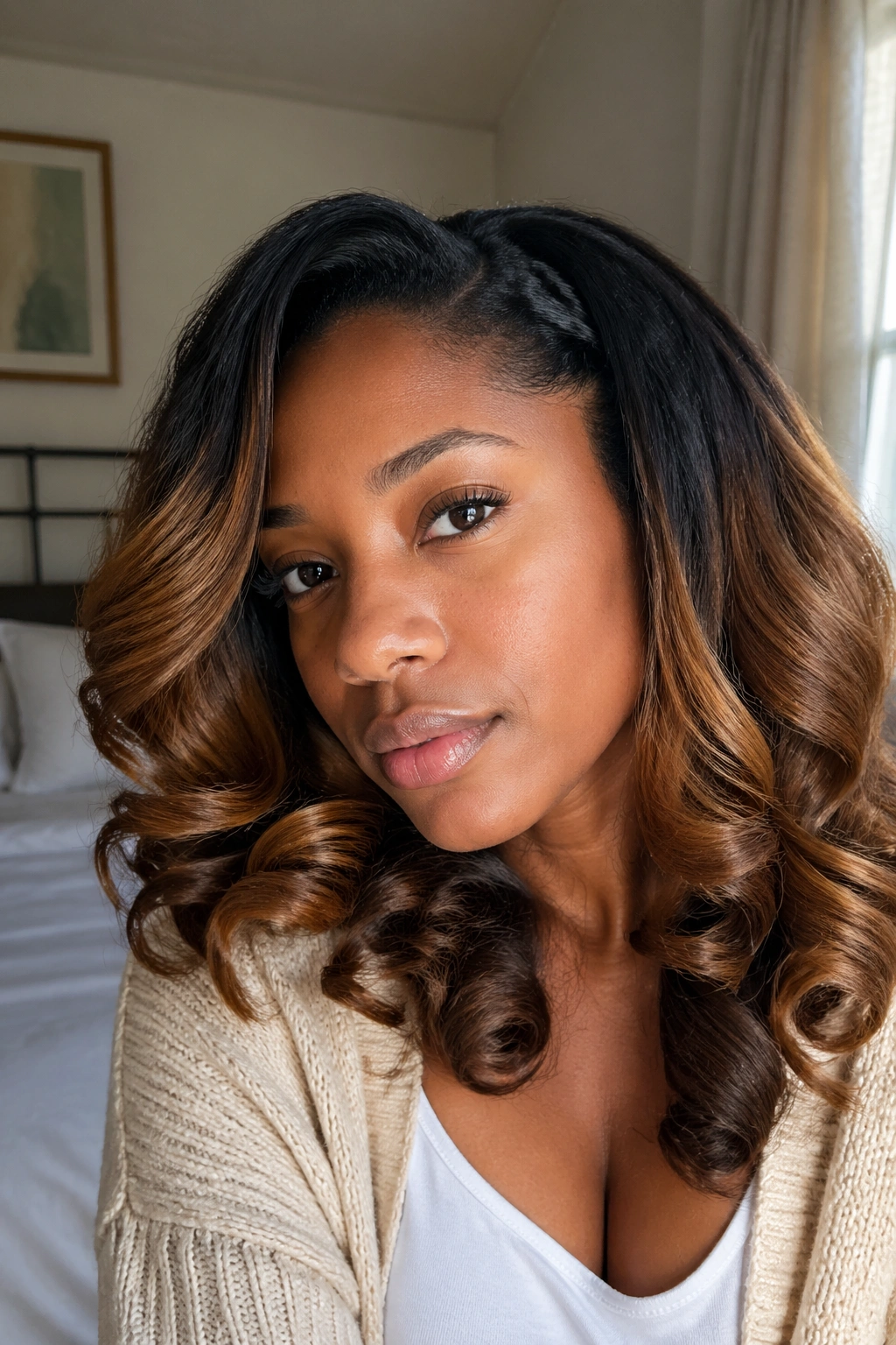 Close-up of real person with transitioning hair texture blended into flat iron curls