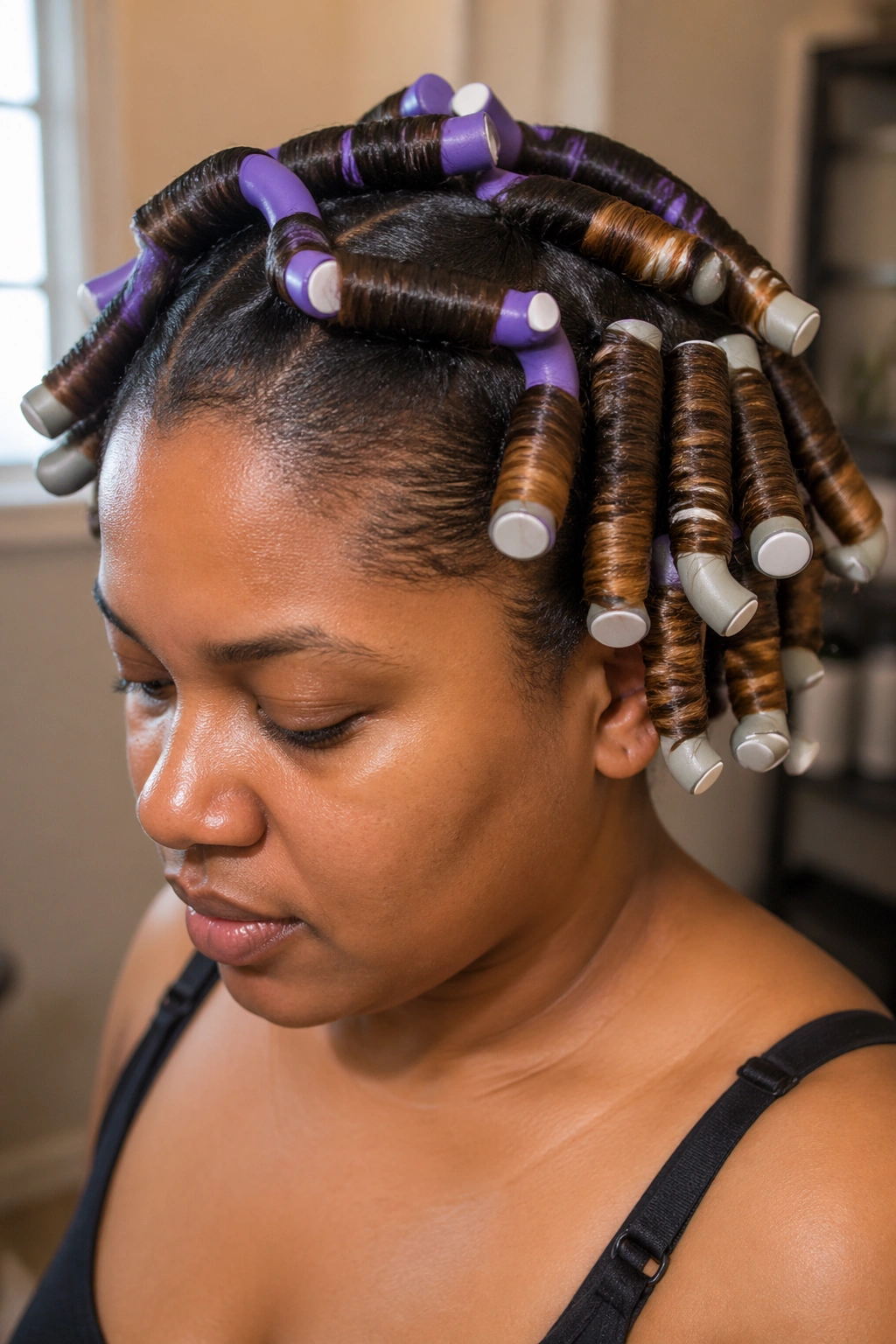 Close-up of a real woman with transitioning natural hair on rods