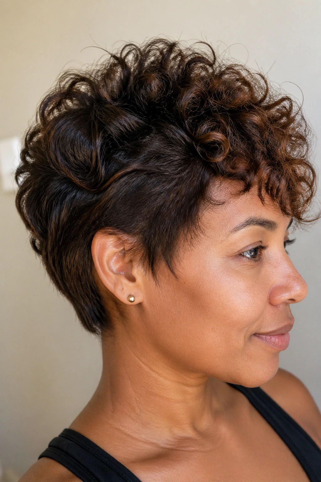 Close-up of a real person with transitioning short curly hair blending natural roots and relaxed ends