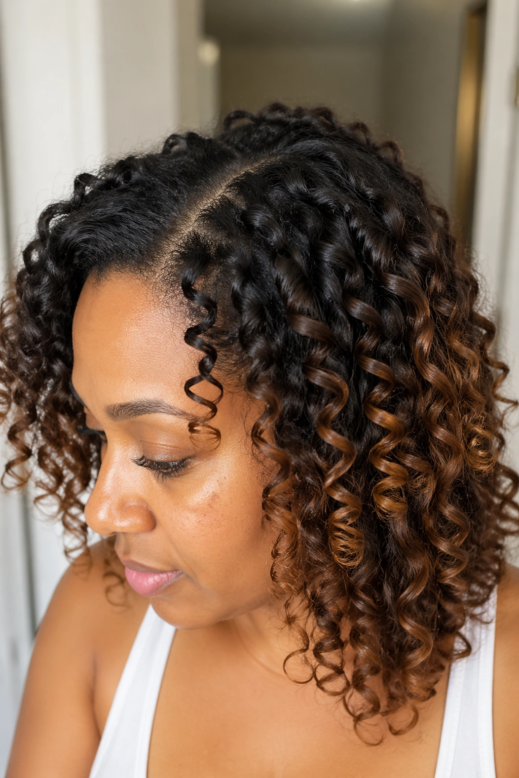Close-up of transitioning hair showing two textures with wand curls