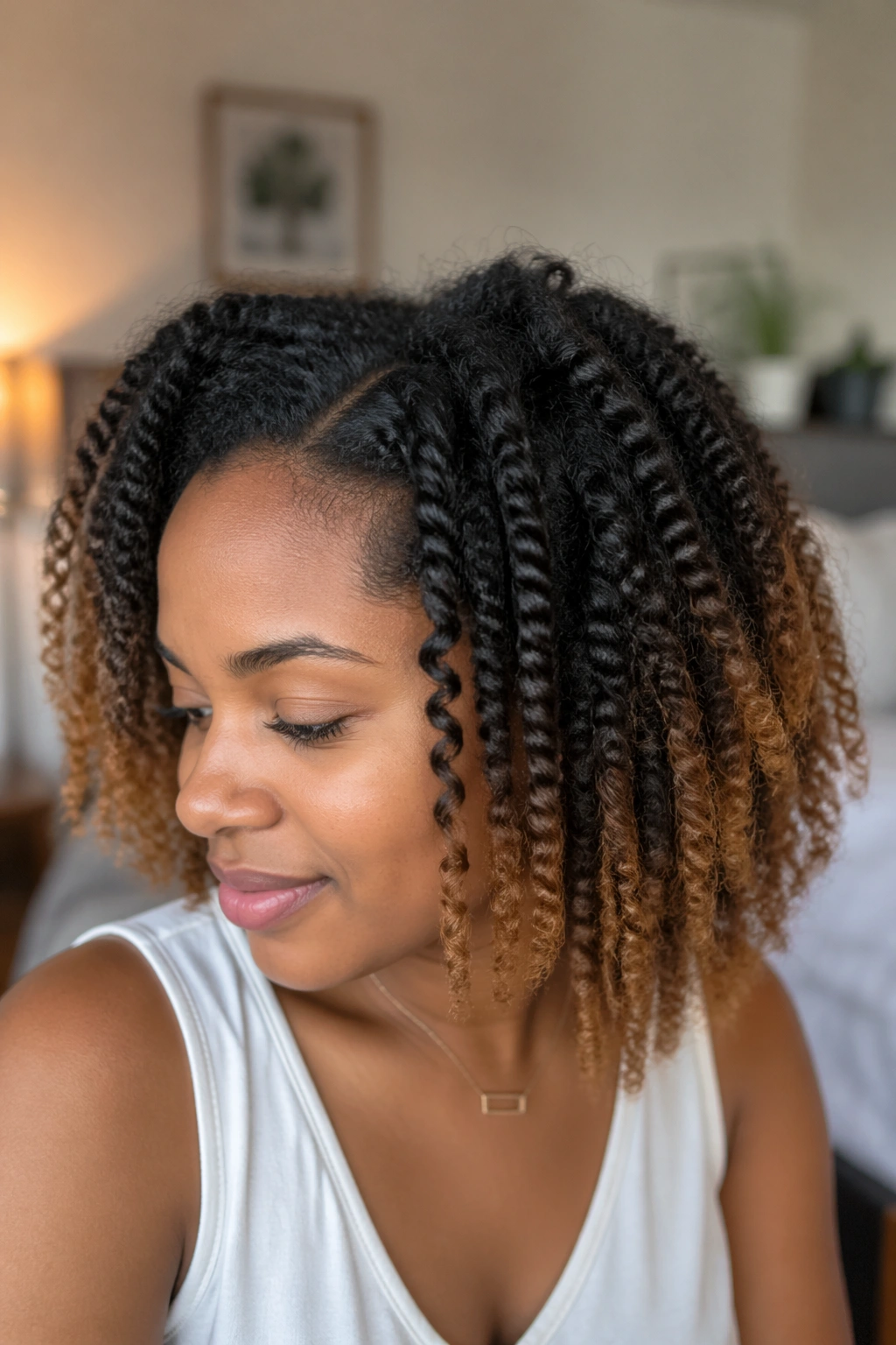 Close-up of a real woman with twist out on transitioning hair showing defined roots and smoother ends