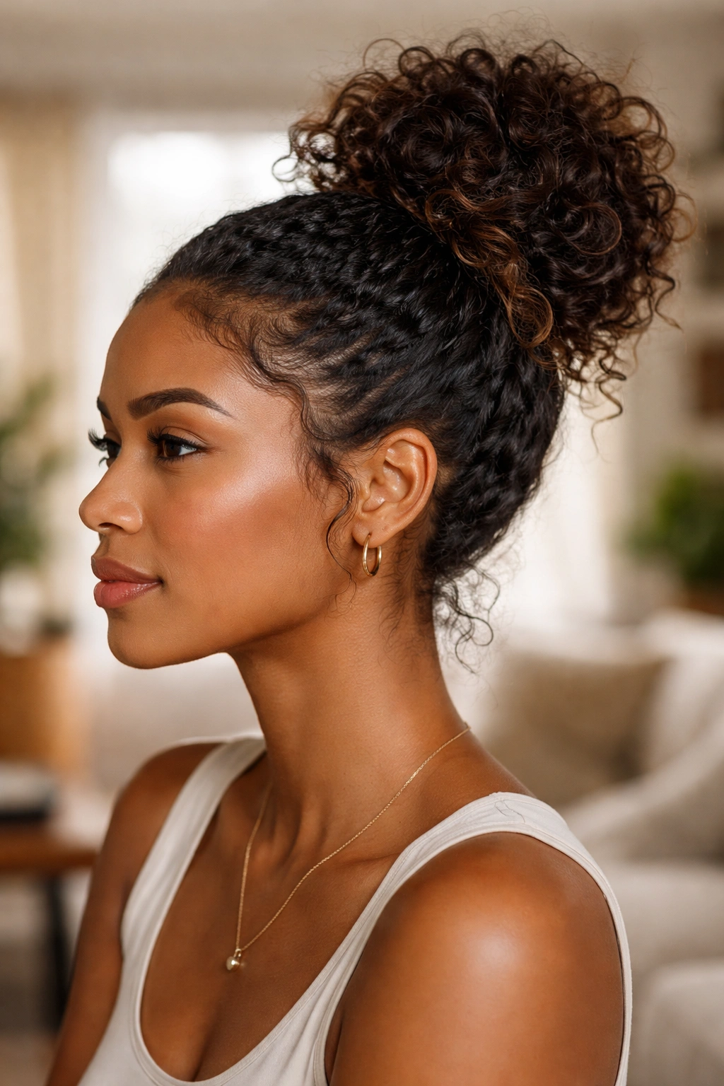 Close-up of a real woman with transitioning natural hair in a messy bun showing two textures