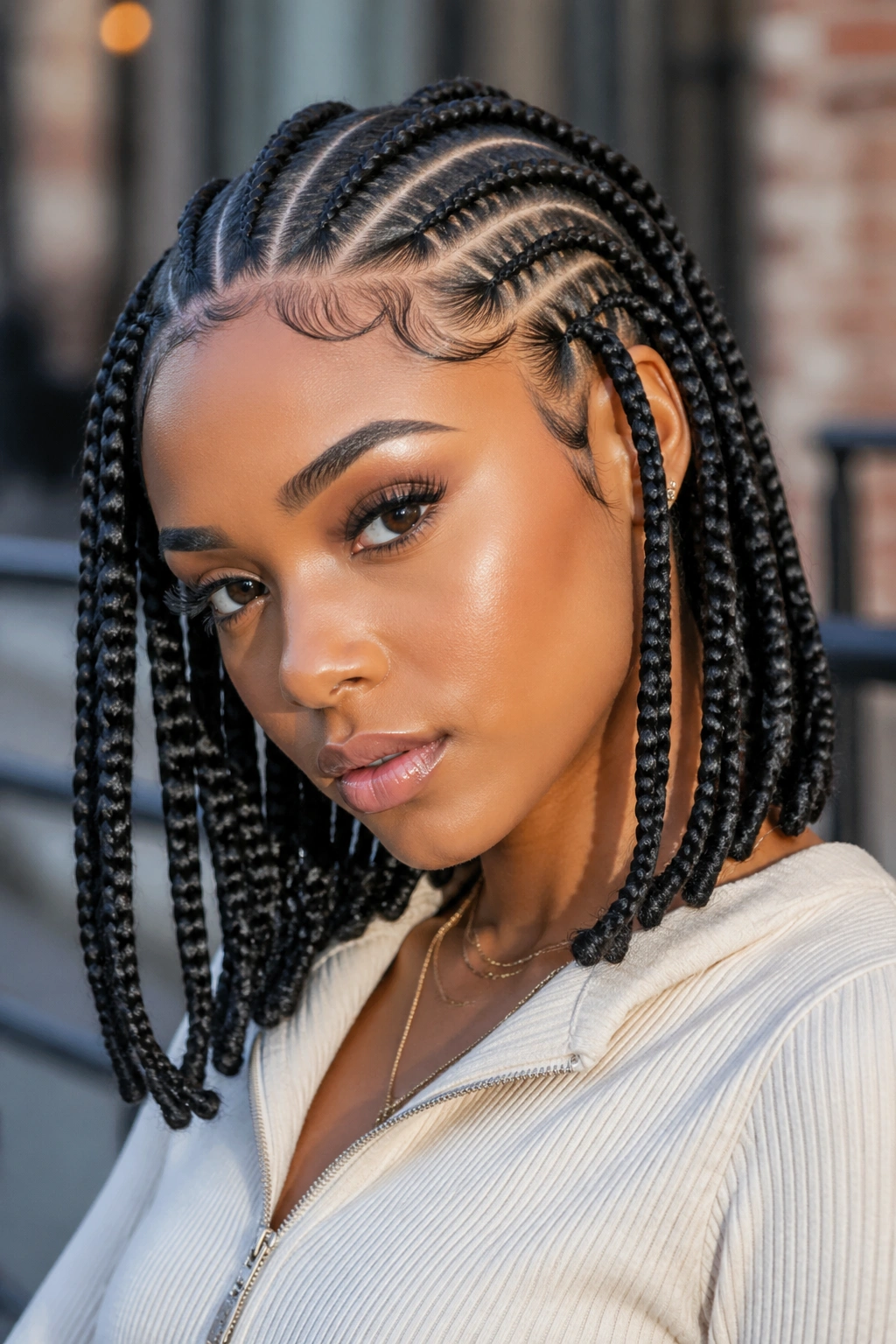 Real person with trendy cornrow pattern in natural daylight