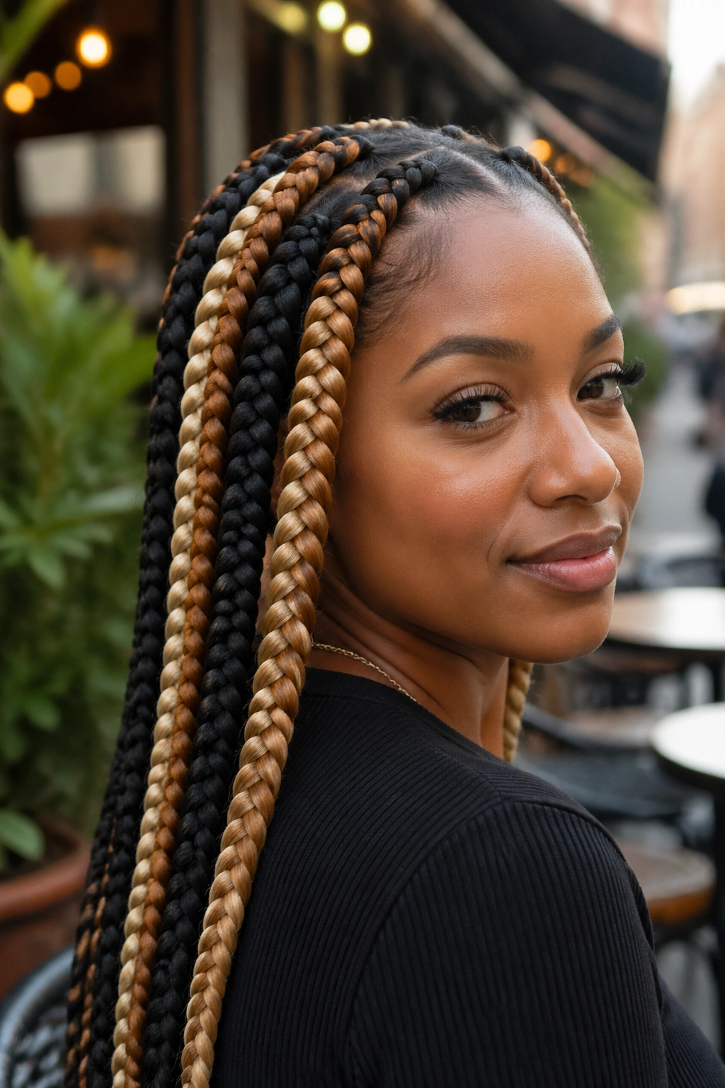 Real person close-up with tri-color chunky braids featuring clear stripe placement