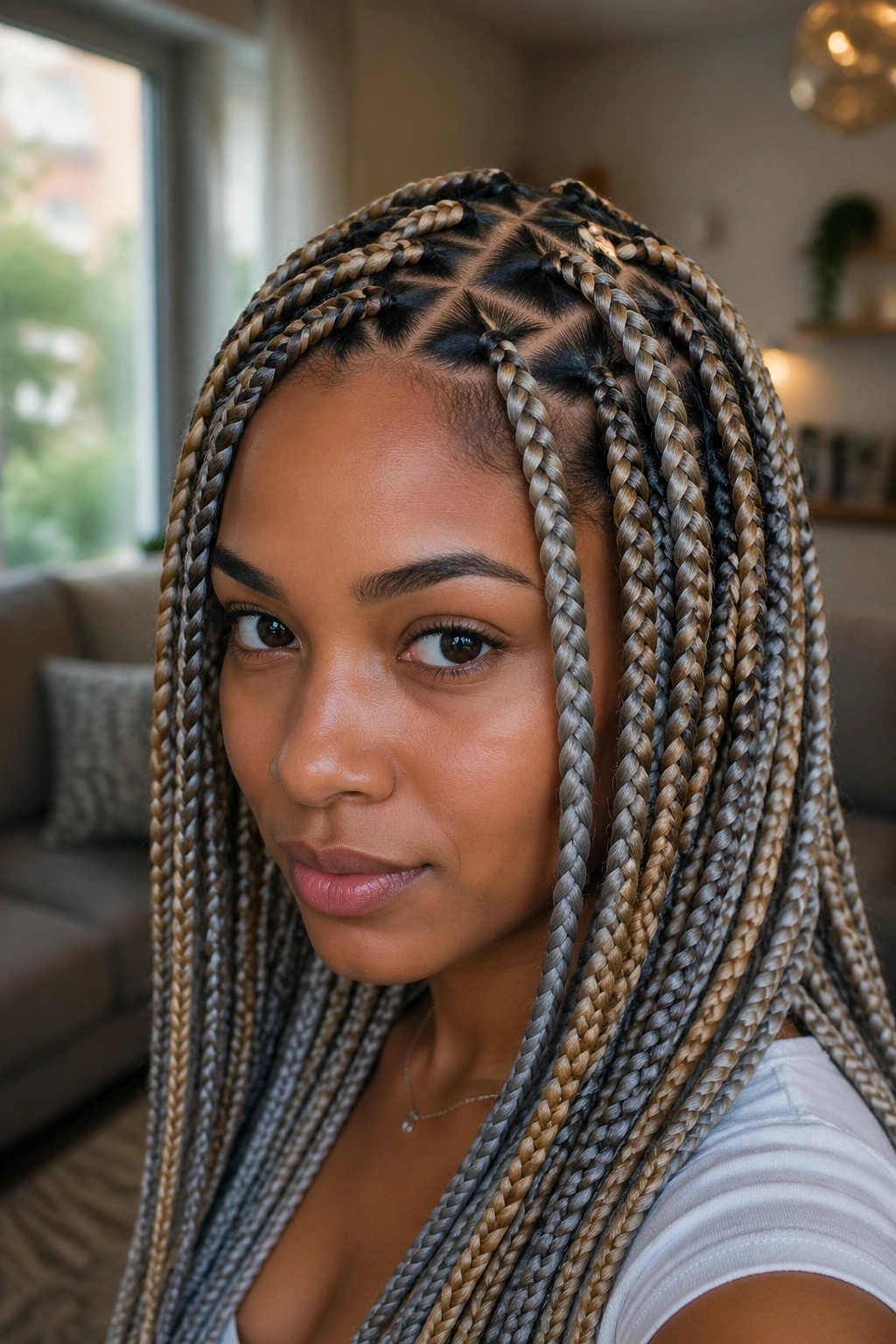 Close-up of a real woman's head with triangle-part box braids in blonde and grey.