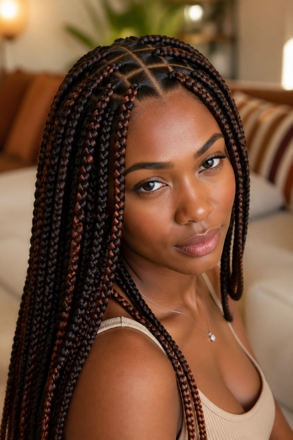 Close-up of triangle-part braids in dark brown with copper accents on a real person