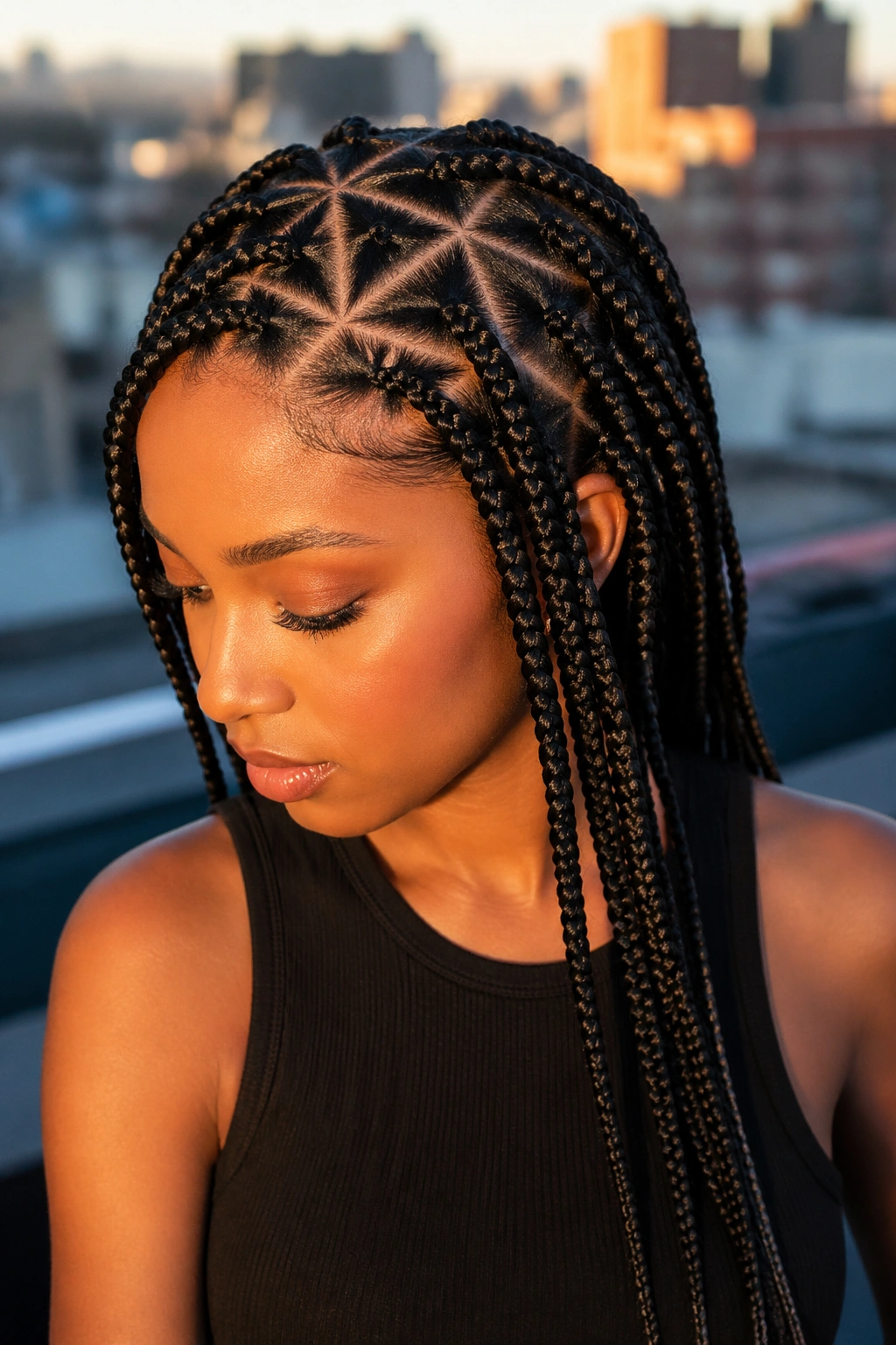 Real woman with triangle-part box braids and star layers