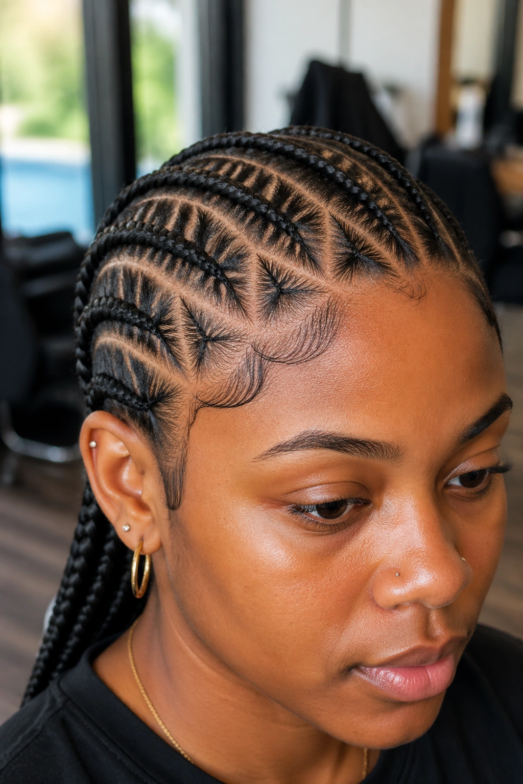 Close-up of triangle-parted cornrows with stitches on real person's head
