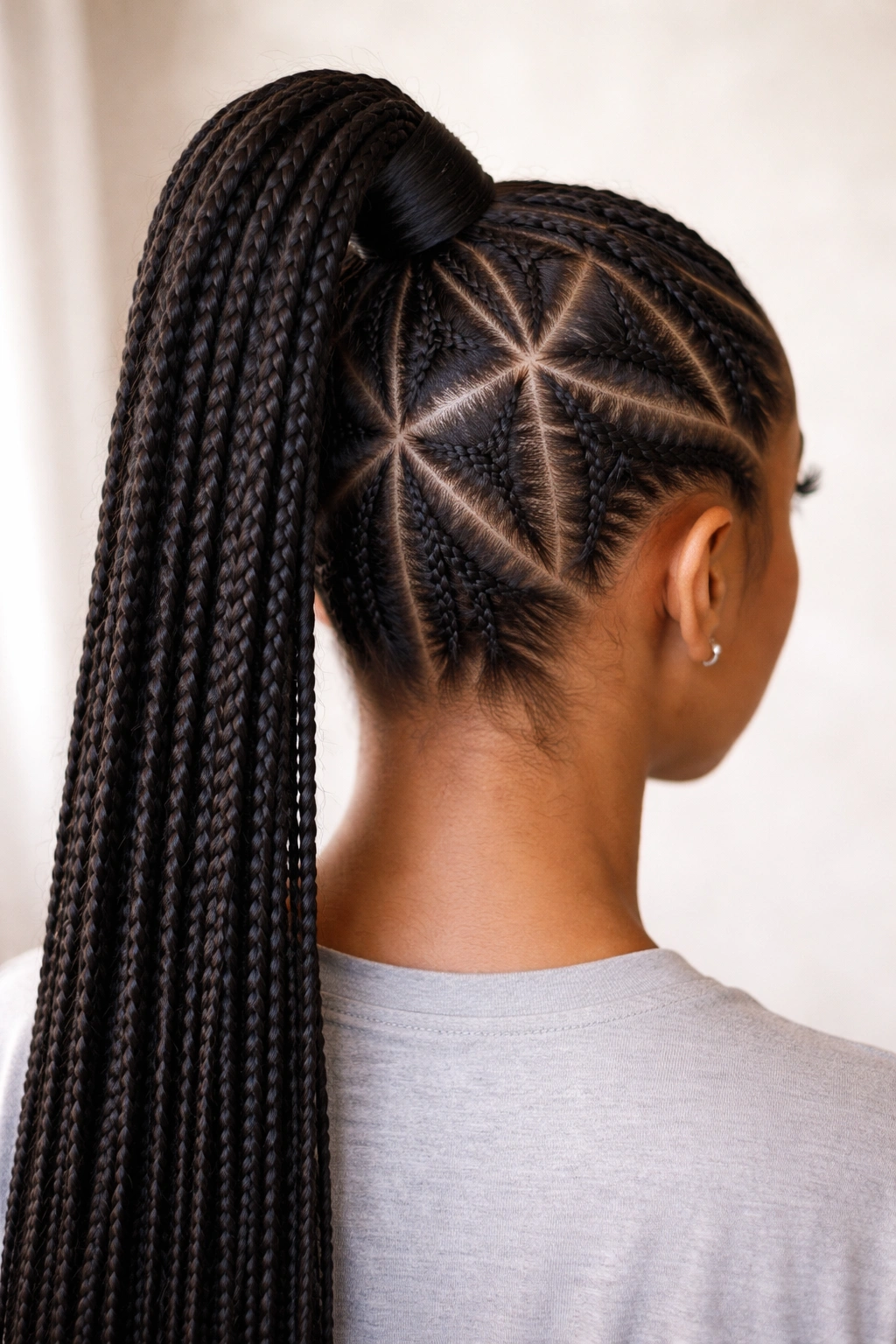 Scalp with triangle partings leading into a high ponytail