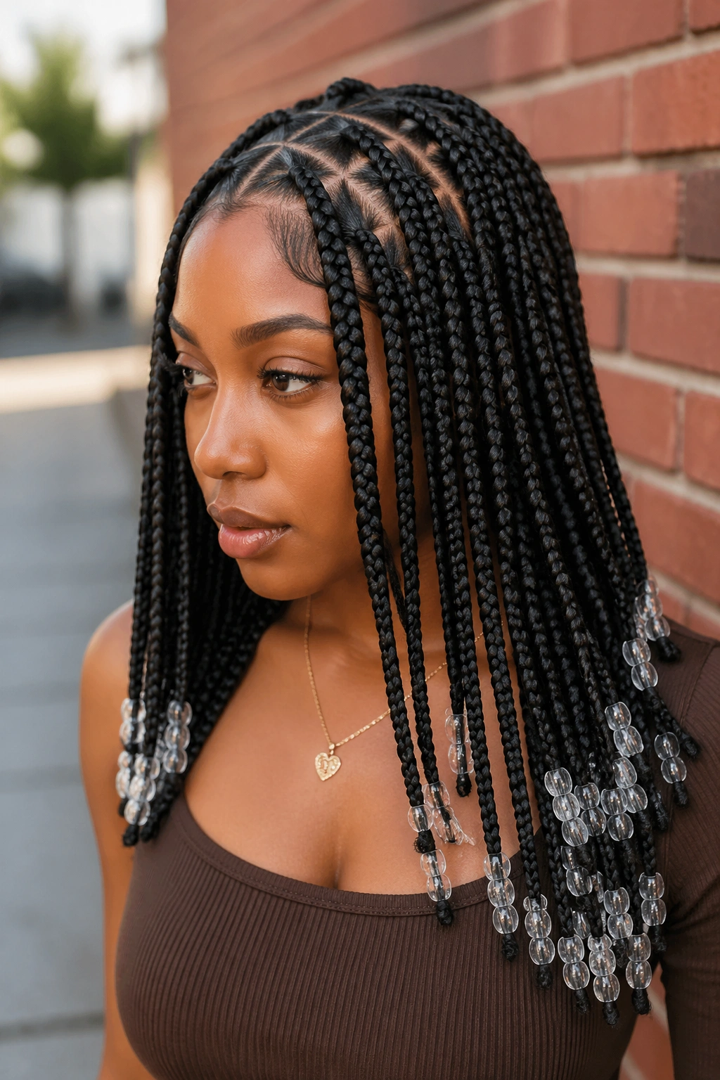 Portrait of a real woman with triangle-part knotless braids and transparent beads.