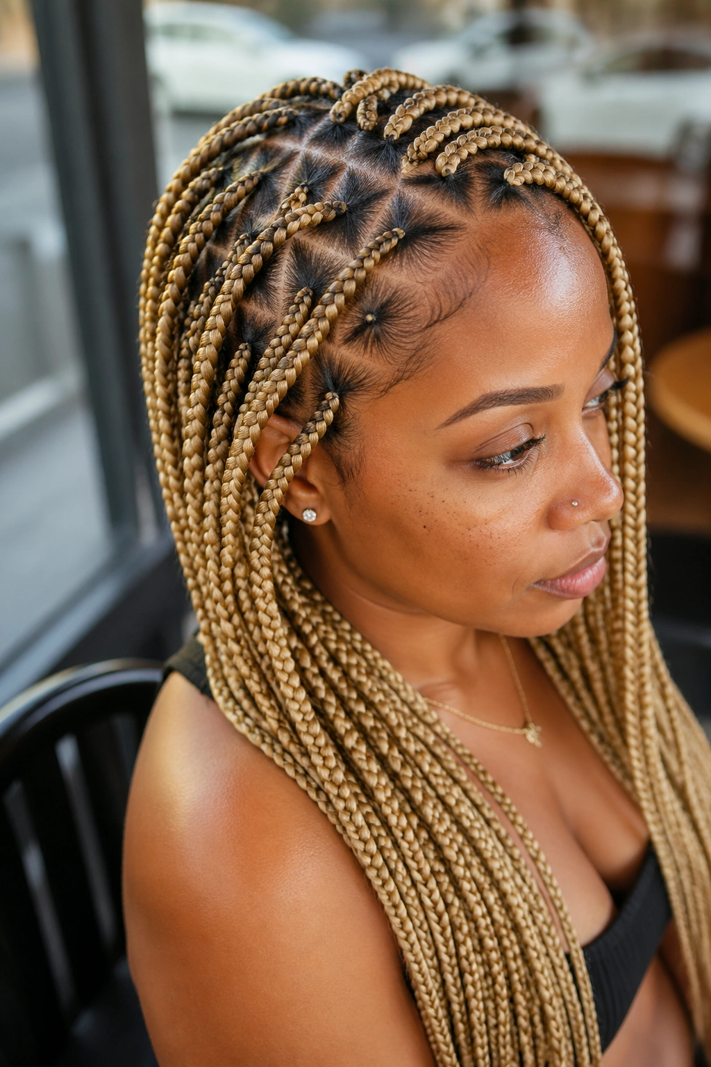Close-up of triangle-part blonde braids showing geometric scalp parts