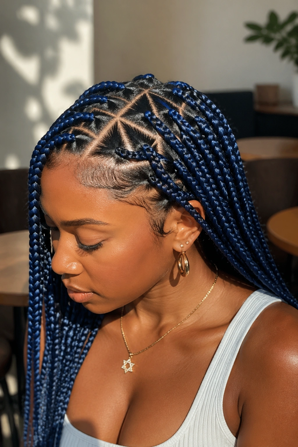 Real person with triangle-part blue box braids close-up