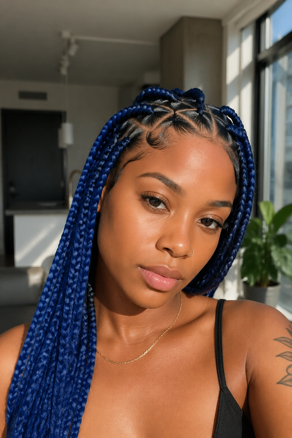 Close-up of real woman showing triangle-part blue box braids across the scalp.