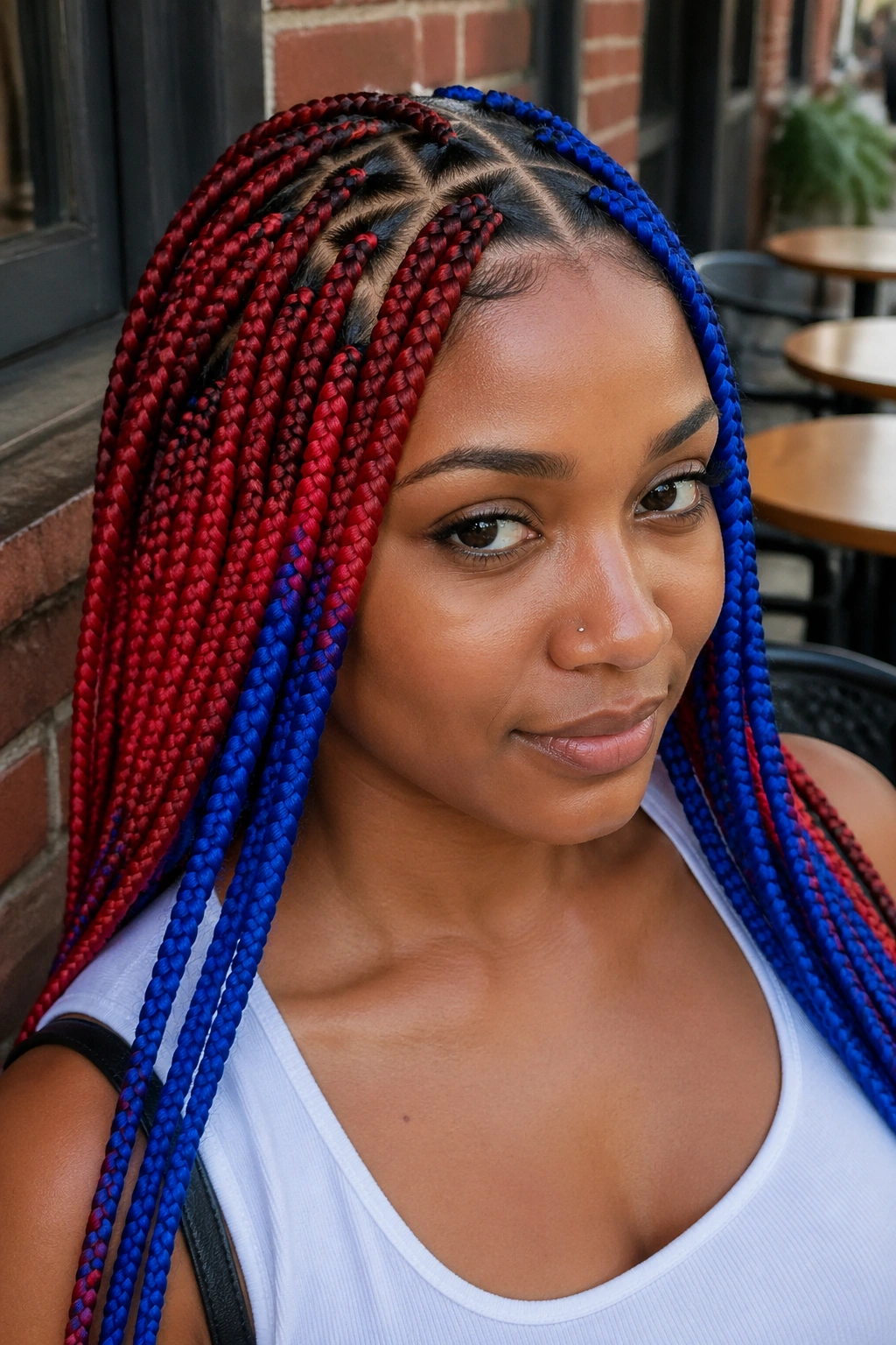 Real woman with blue and red braided hair in triangle parting.