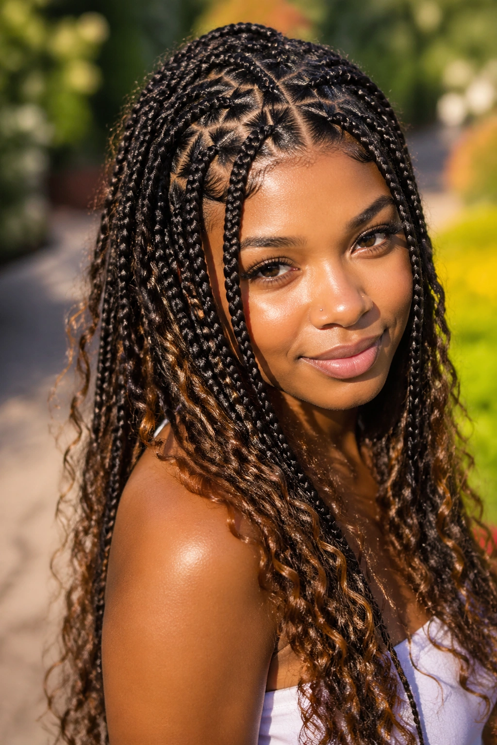 Close-up portrait of a real woman with triangle-part long boho box braids