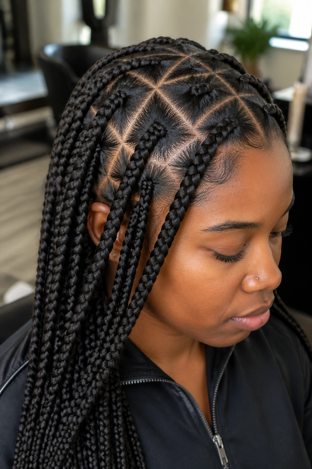 Close-up portrait of a real woman with triangle-part box braids in a salon setting.
