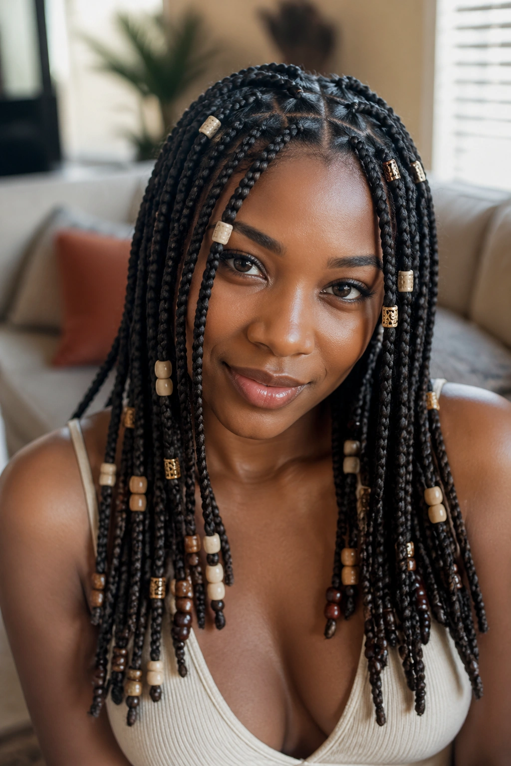 Close-up of real woman with triangle-part box braids and beads in a cozy living room