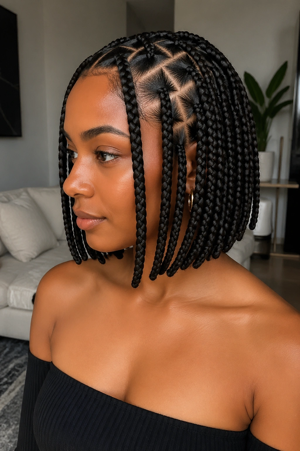 Real woman with triangle-part bob-length box braids