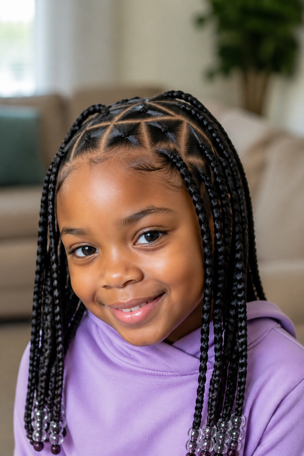 Close-up of triangle-part box braids on a young girl