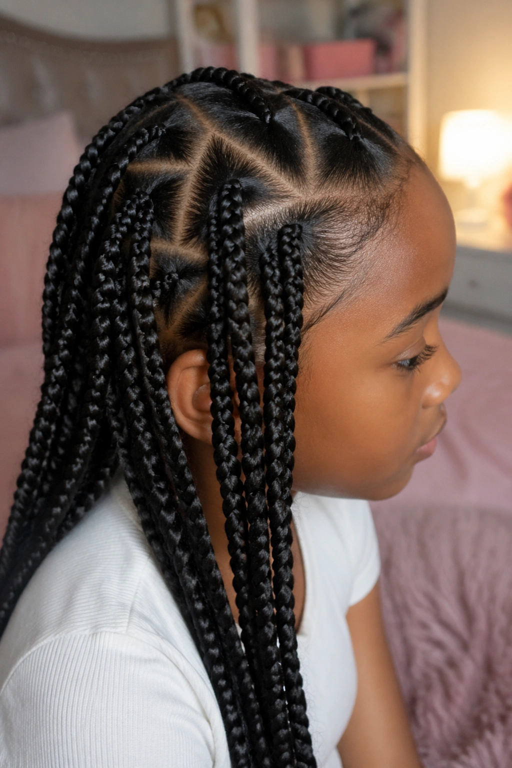 Side-profile of a girl with triangle-part box braids