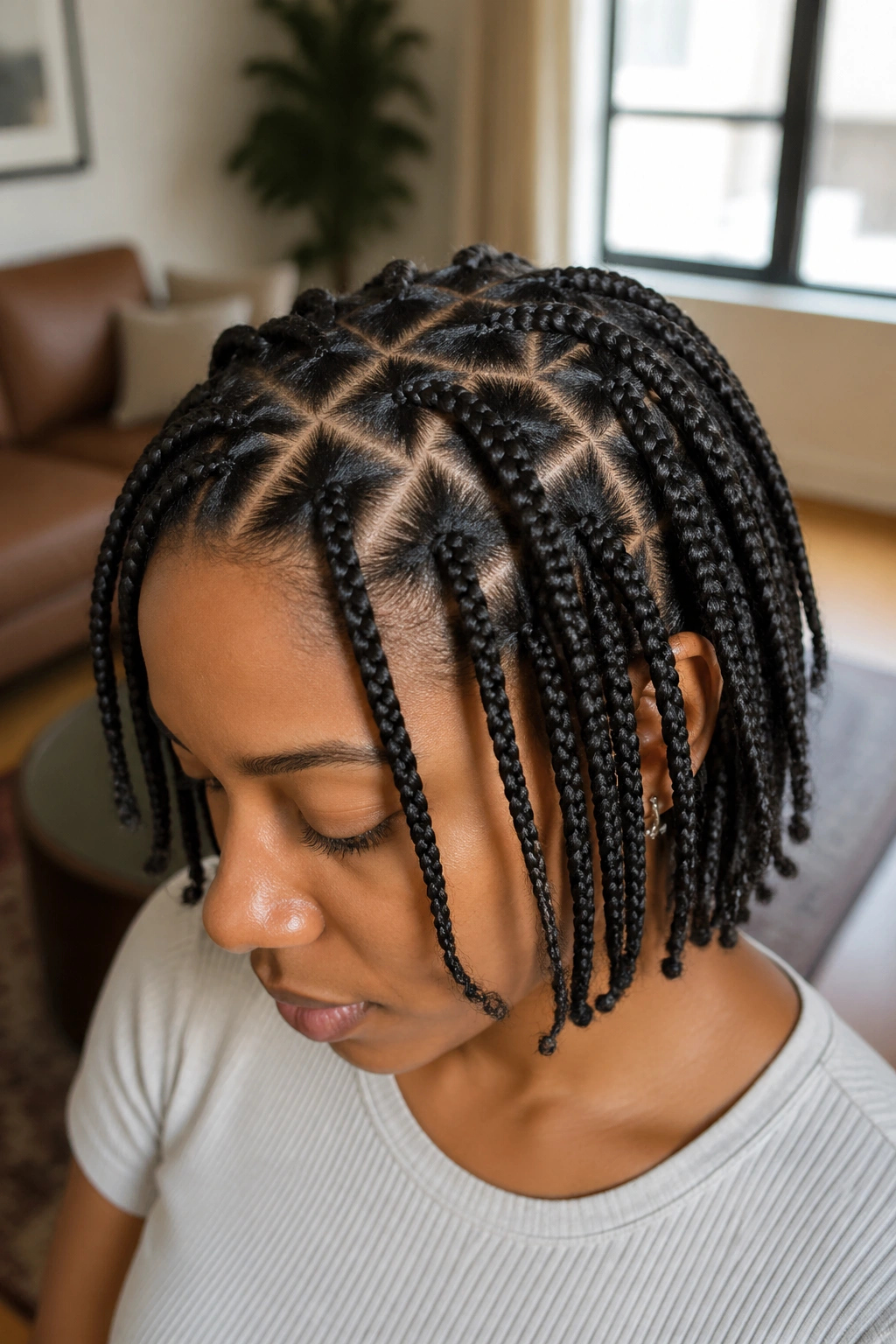 Close-up of triangle-part box braids with visible scalp pattern