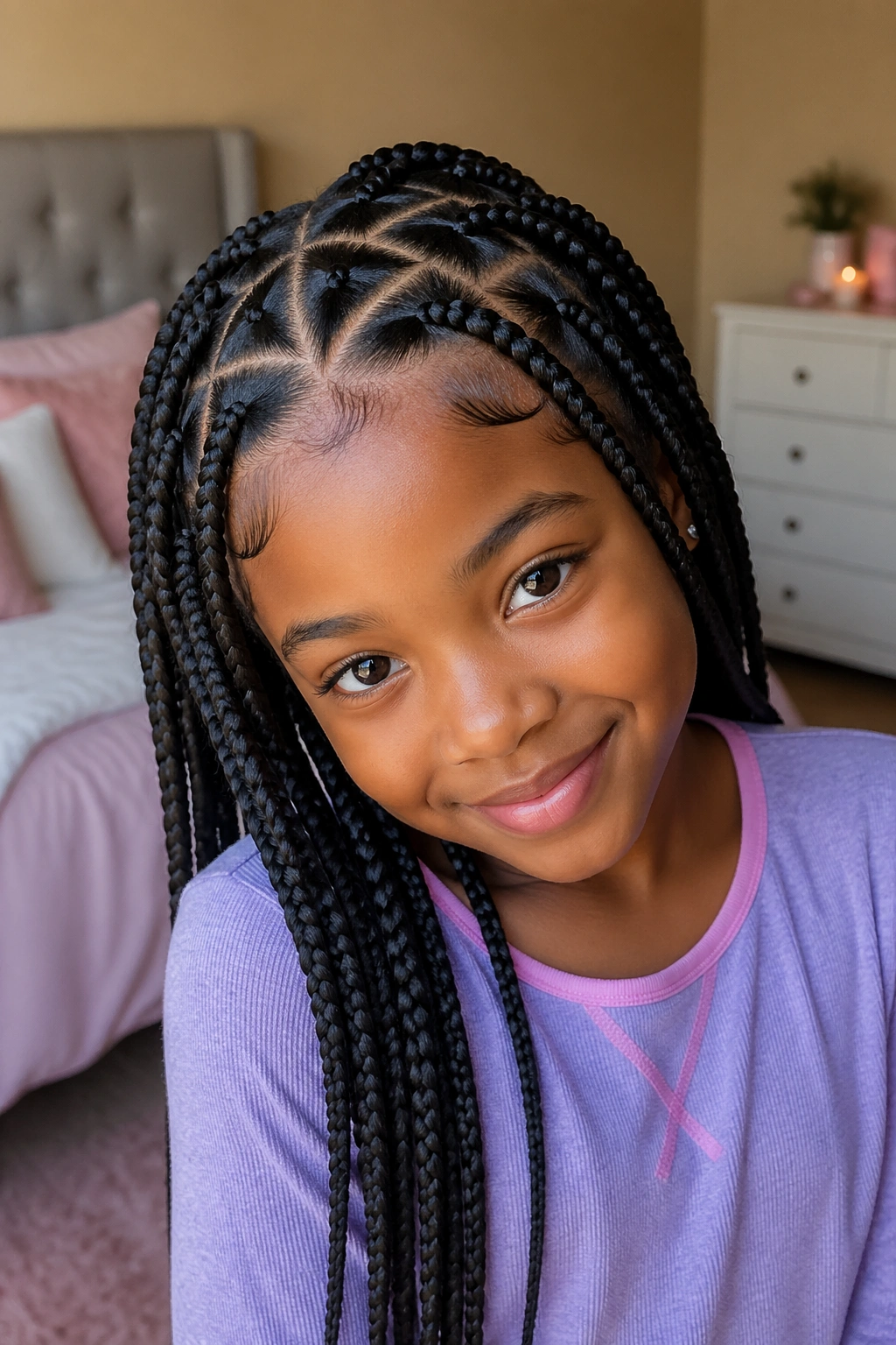 Close-up of child with triangle-part box braids indoors