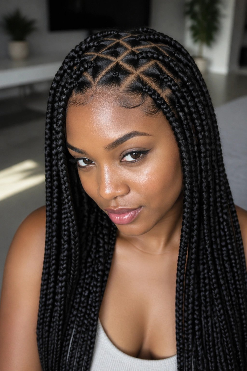 Close-up portrait of a real woman with triangle-part long box braids showing geometric scalp patterns