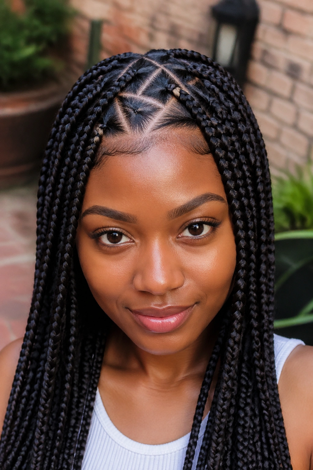Close-up portrait of a person with triangle-part box braids