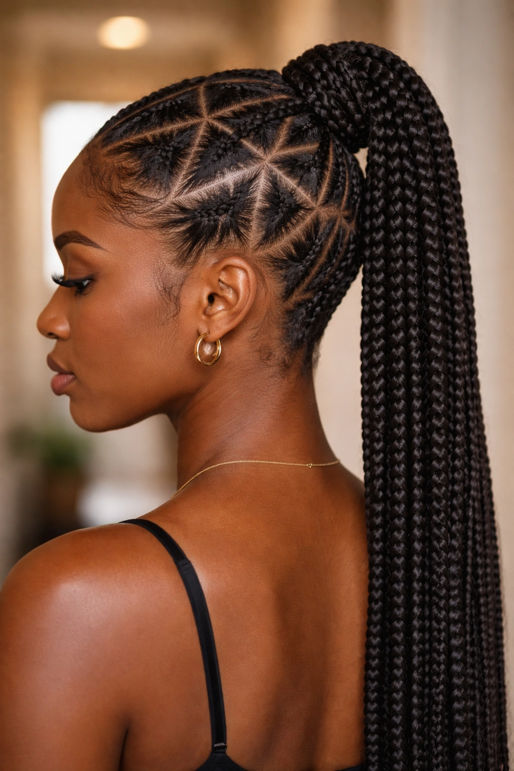 Real person with triangular-part braided ponytail showing scalp geometry