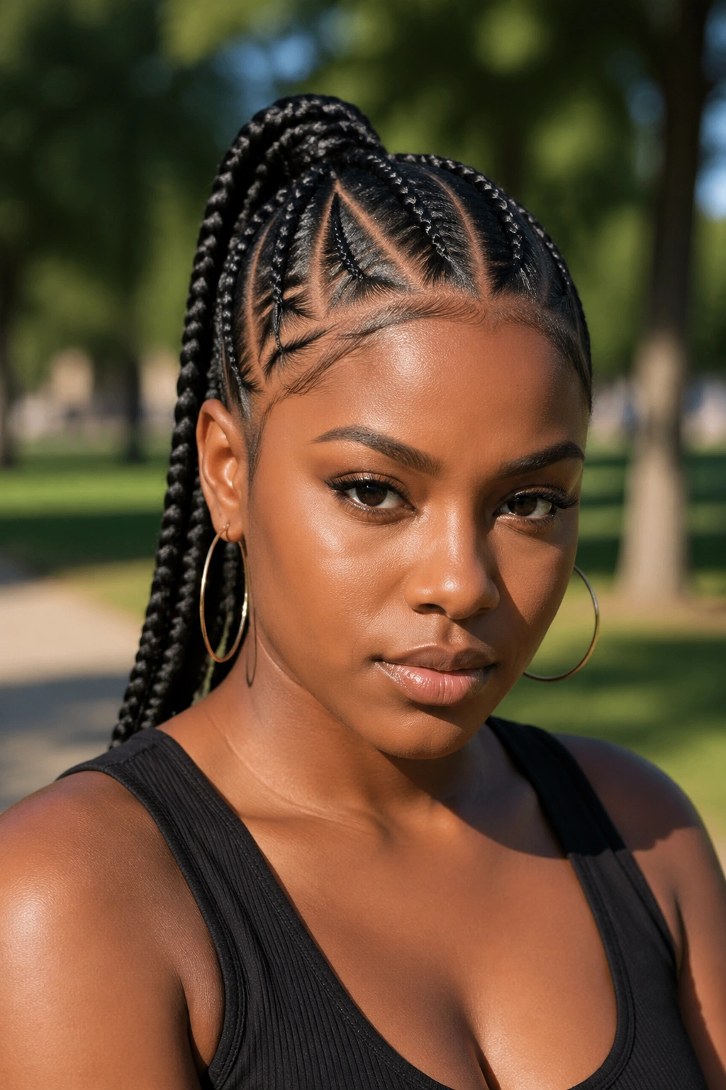 Triangle-part braided ponytail on a real woman in a sunny park