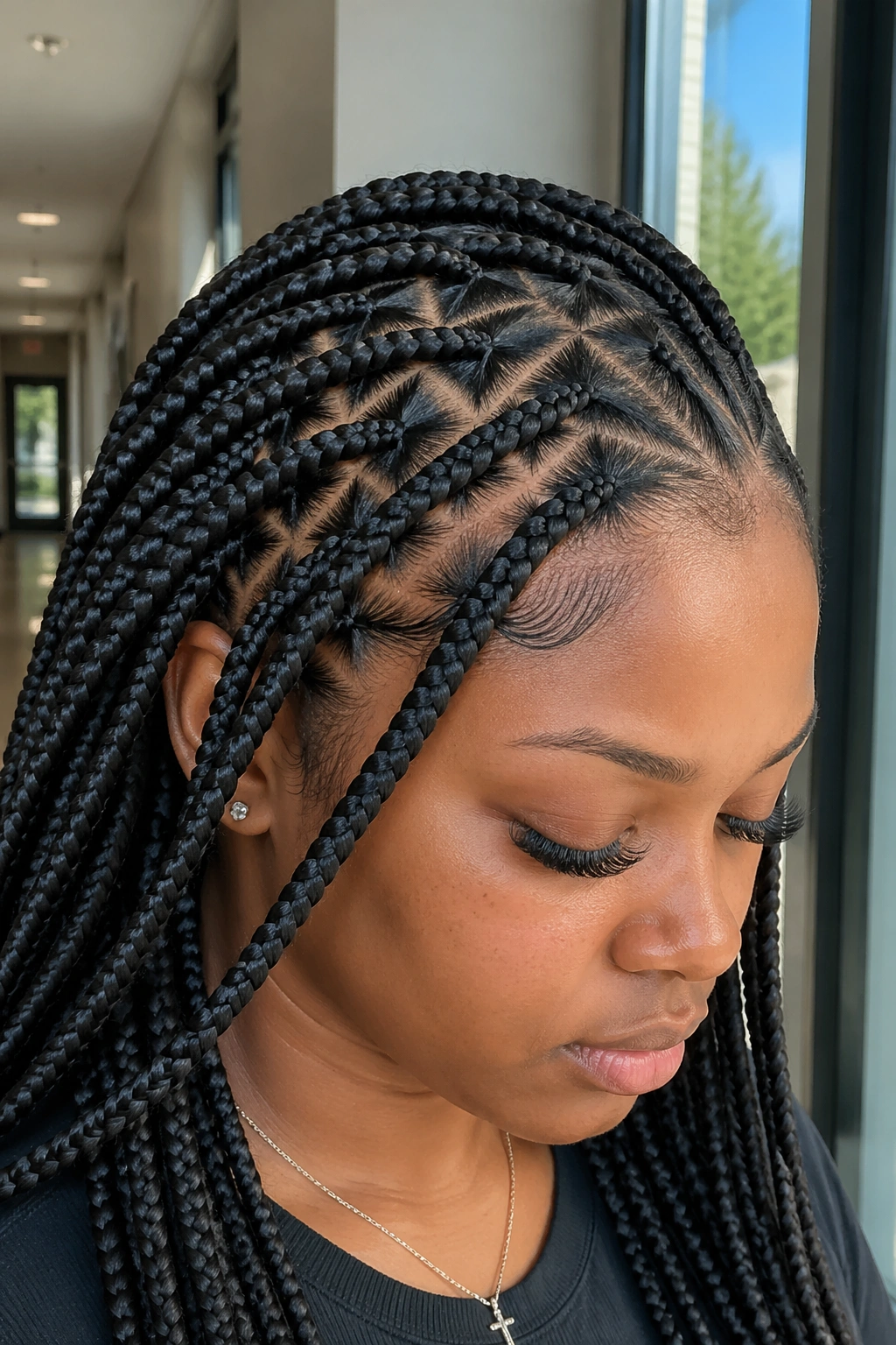 Real woman with triangle-part lemonade box braids close-up