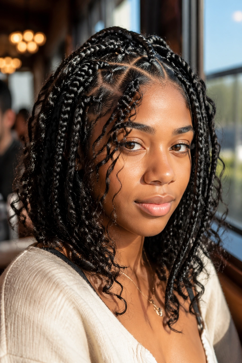 Close-up of a real woman with triangle-part braids and curling frame in a sunlit setting