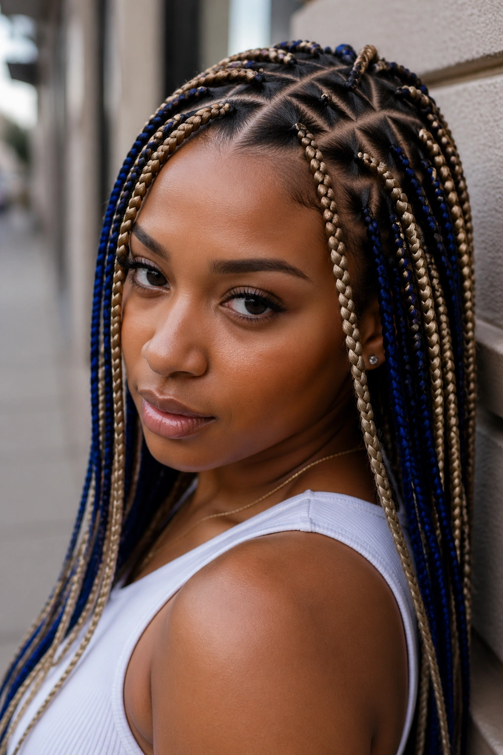 Close-up of triangle-part blonde and blue box braids on a real person.
