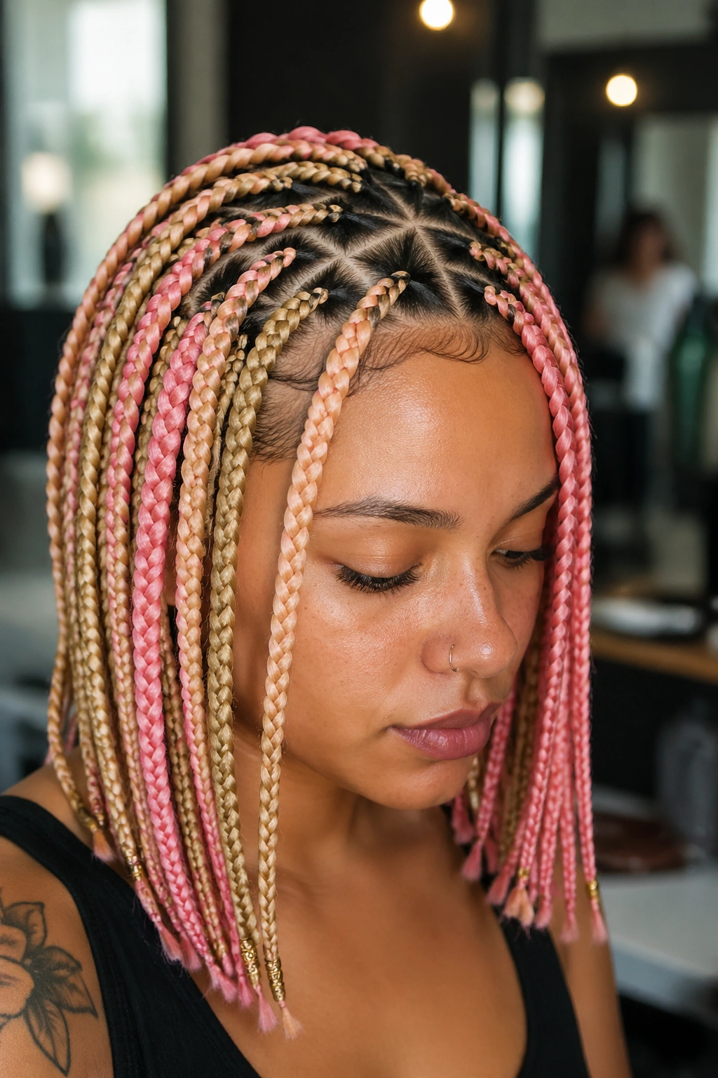 Portrait of real woman with triangle-part blonde and pink box braids