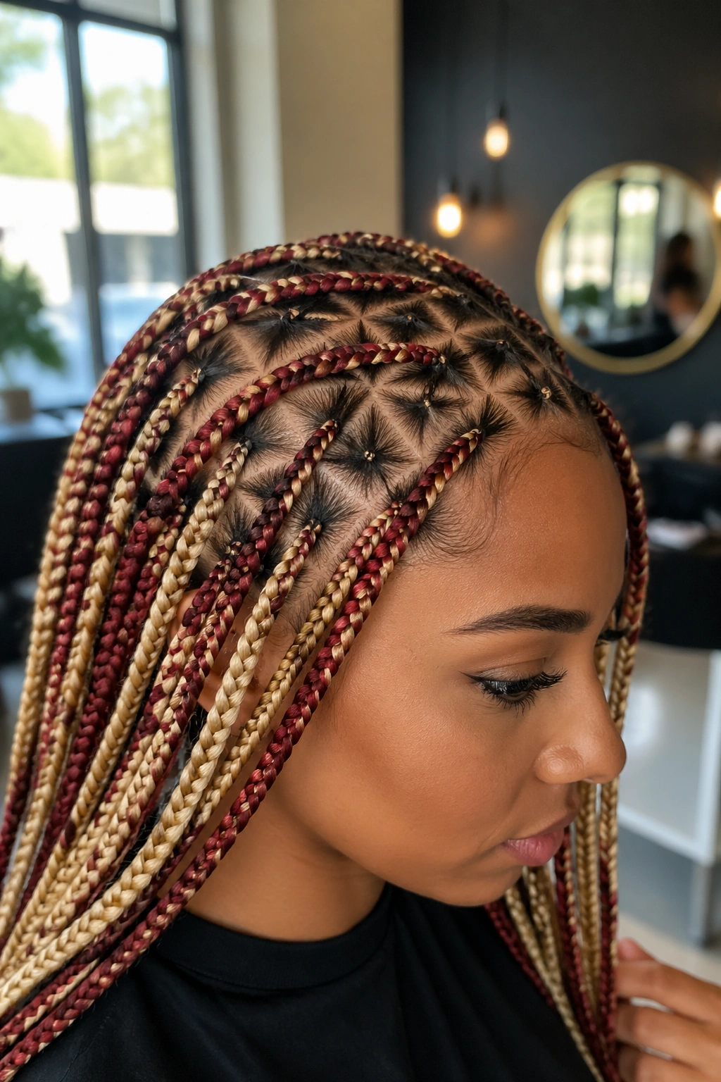 Real woman with triangle-part blonde and red box braids.