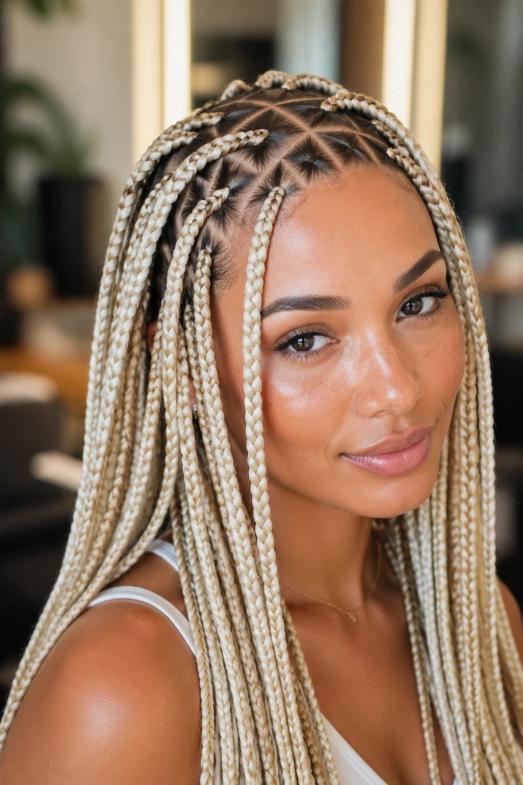 Portrait of a real woman with triangle-part blonde box braids.