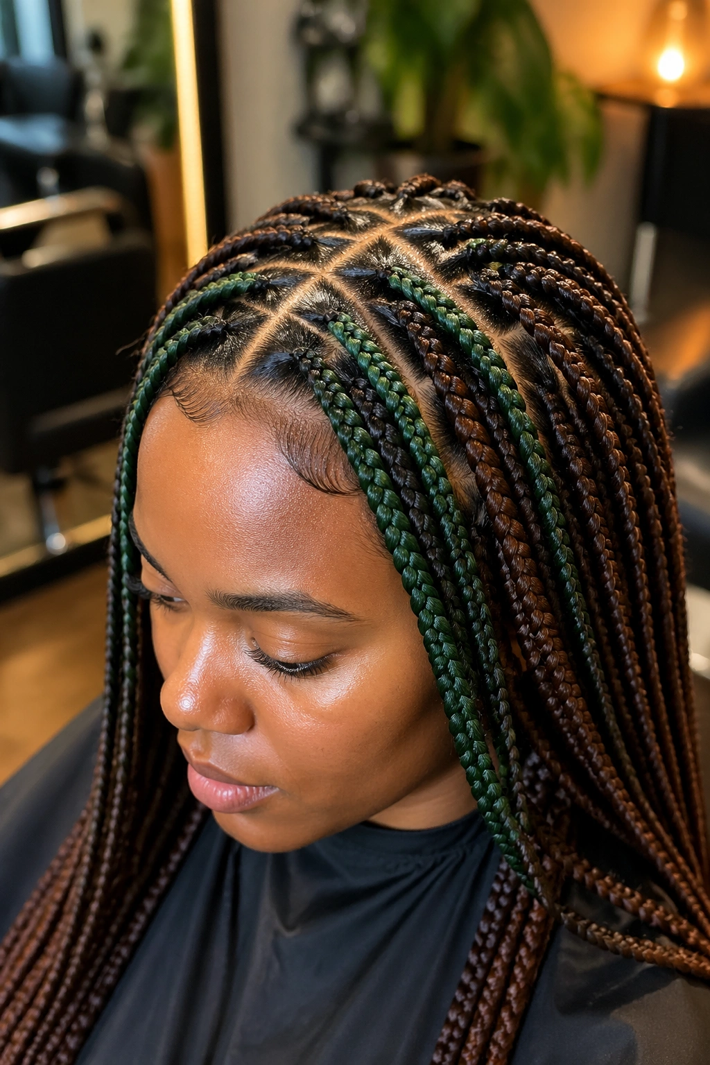 Close-up of a real person with triangle-part brown and green box braids