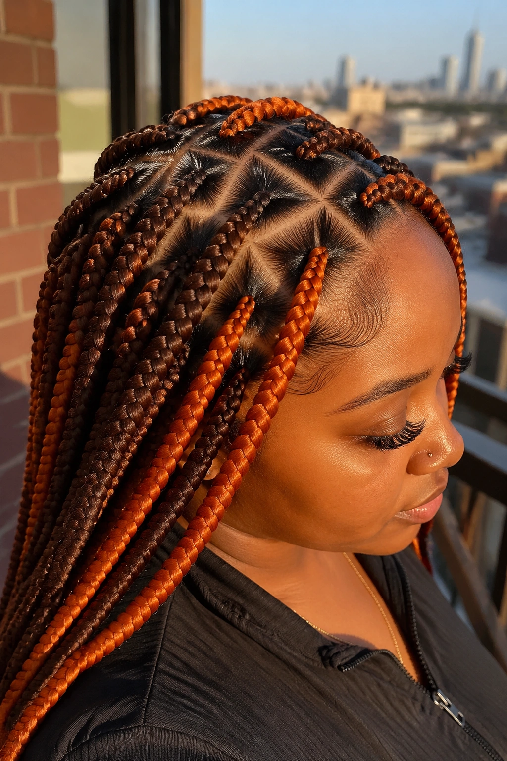 Close-up of a real woman with triangle-part brown and orange box braids